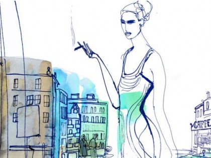 Acquerello illustrazione, donna , moda e città, Alessandra Scandella