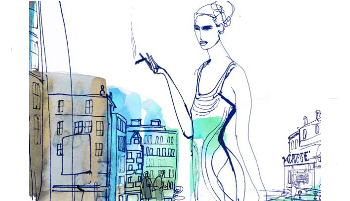 Acquerello illustrazione, donna , moda e città, Alessandra Scandella