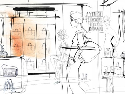 Illustrazione acquerello moda, donne e showroom, Alessandra Scandella