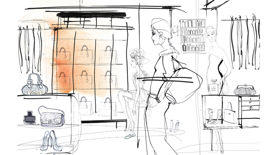 Illustrazione acquerello moda, donne e showroom