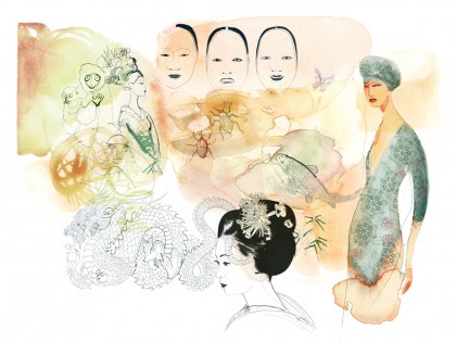 Illustrazione acquarello, moda, donna e Giappone