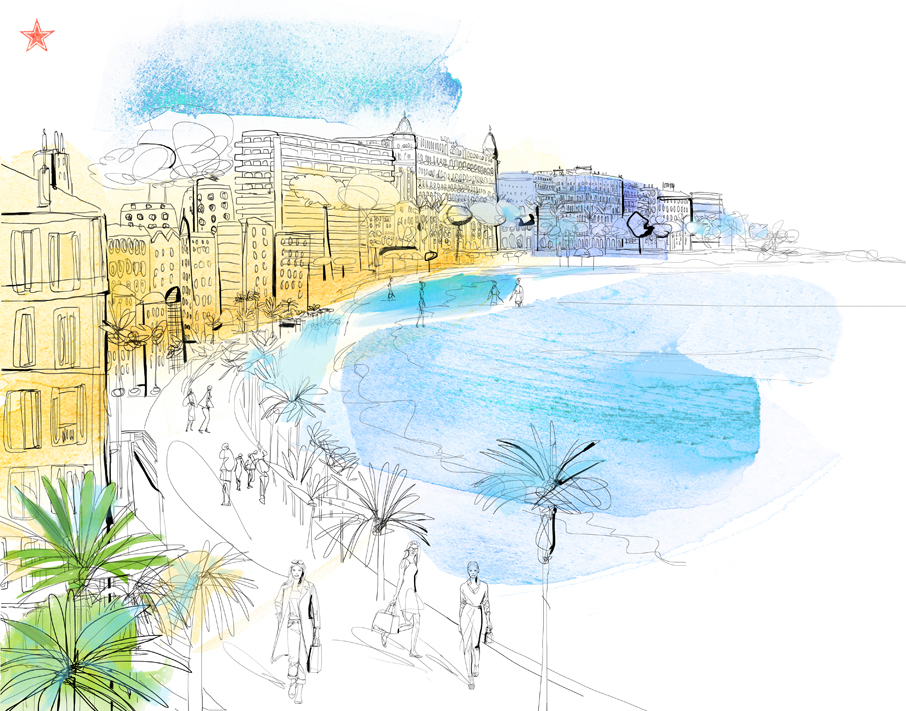 Illustrazione acquerello, travel book, mappa, Cannes, Croisette, San Pellegrino