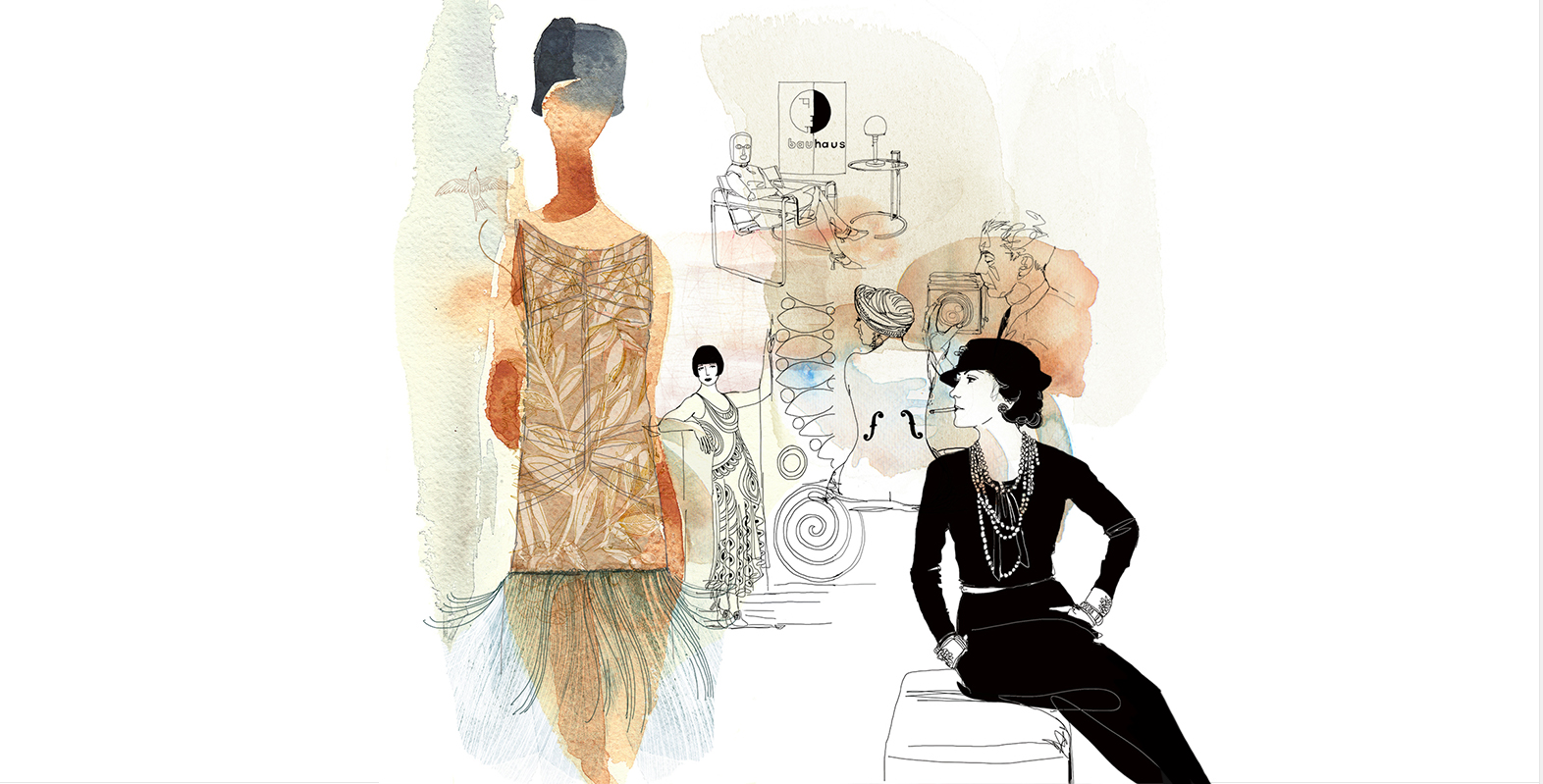 Illustrazione acquerello moda, mostra anni Venti, Milano Fashion Library