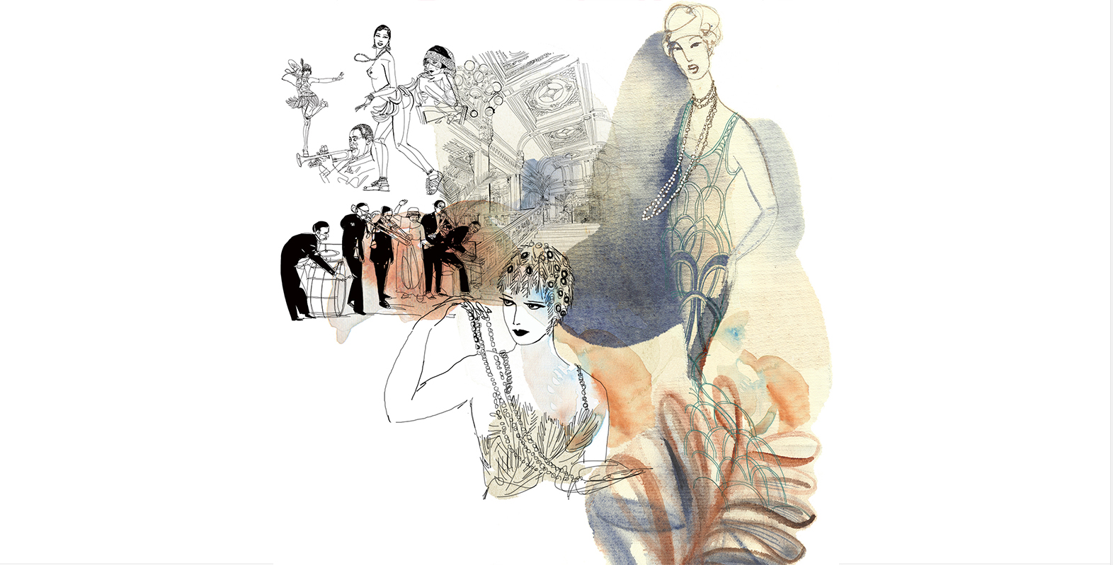 Illustrazione acquerello moda, mostra anni Venti, Milano Fashion Library