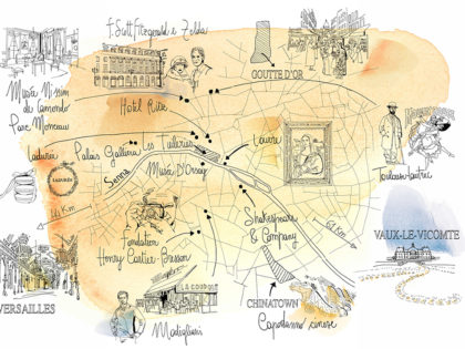 Watercolor illustration, map, Paris, France, Alessandra Scandella