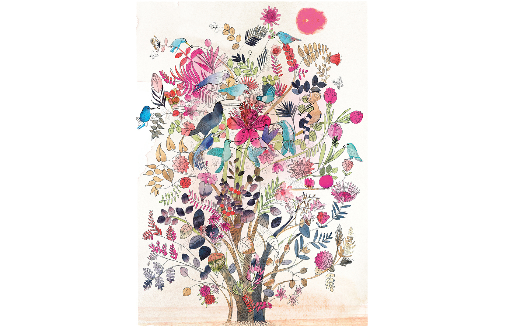Watercolor illustration, Base, Milano, tree and birds