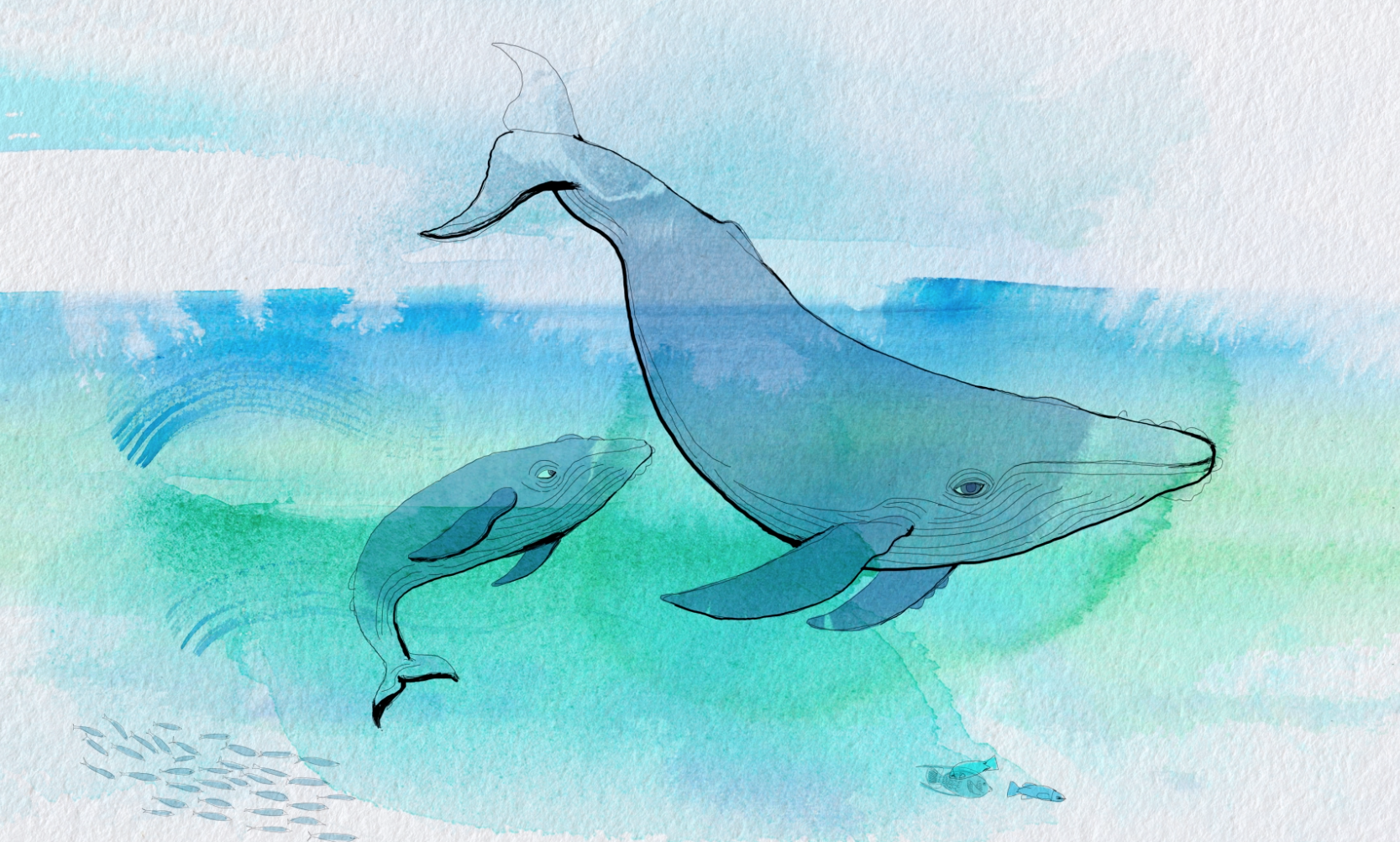 whales extintion, sea and pollution, illustration watercolor