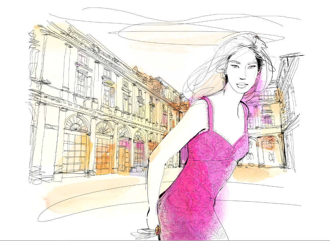 Watercolor illustration for fashion, milano, Palazzo Serbelloni, Patek Philippe event