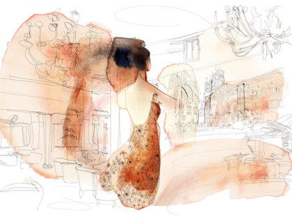 Watercolor fashion illustration, interior, Alessandra Scandella