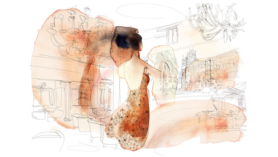 Watercolor fashion illustration, interior, Alessandra Scandella