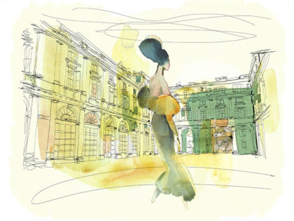 Watercolor fashion illustration, palazzo italiano, Alessandra Scandella