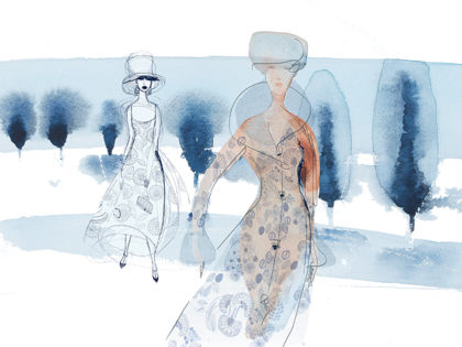 Watercolor fashion illustration, winter, nature, Alessandra Scandella