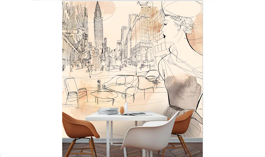 watercolor illustration, acquerello, interior, wallpaper, fashion style and New York, city, wallpape