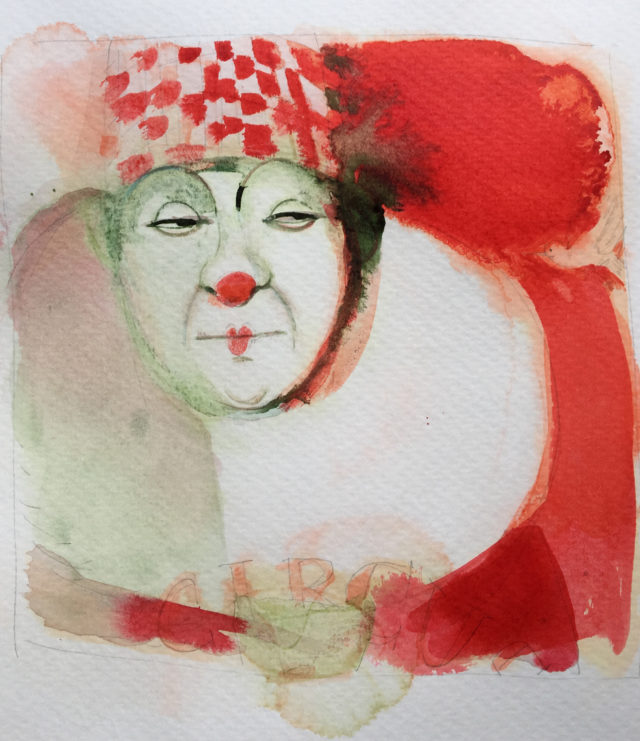 Watercolor illustration, circus, ink, clown, Alessandra Scandella