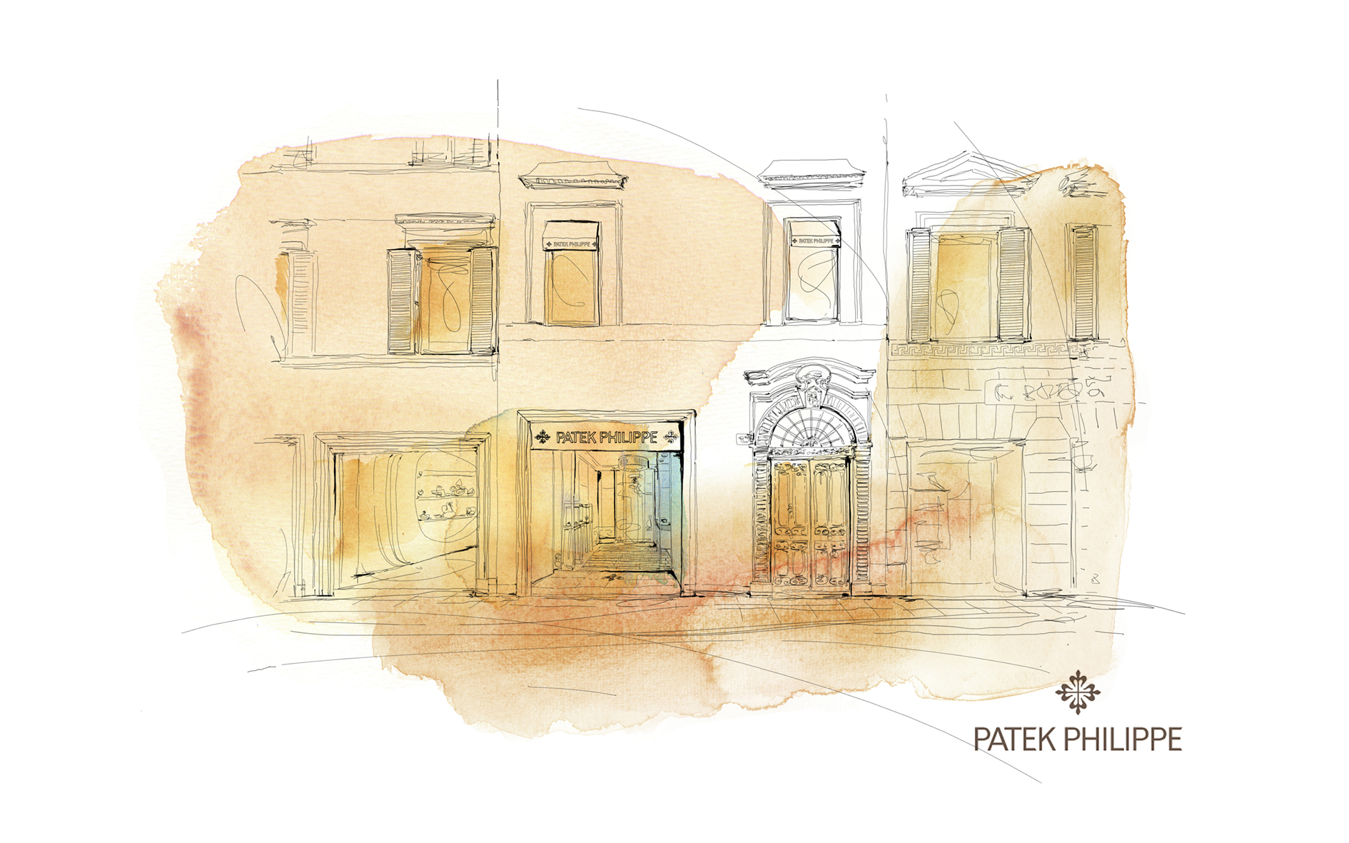 Watercolor illustration, map, Milan, palazzo