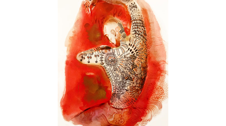 Watercolor and ink, fashion illustration, body, man, circus, tattoo, Alessandra Scandella