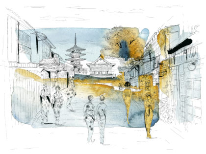 Watercolor illustration, Japan and Tokyo, Japan, city and people. Alessandra Scandellajpg