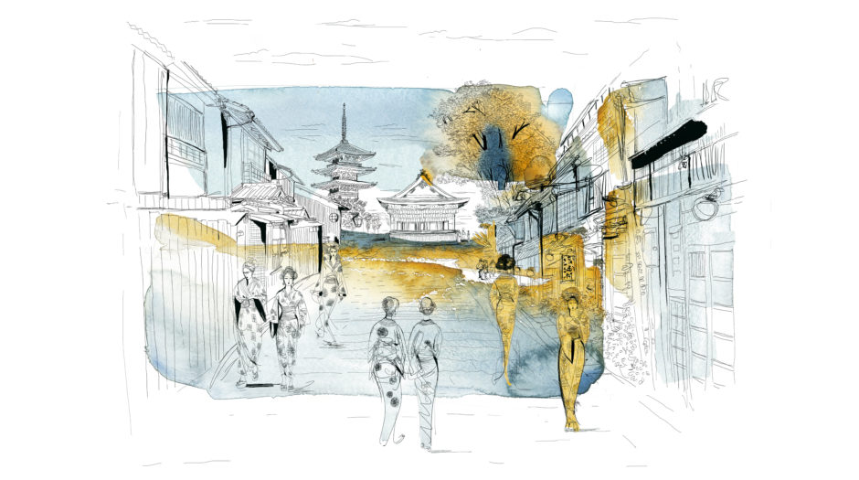 Watercolor illustration, Japan and Tokyo, Japan, city and people. Alessandra Scandellajpg