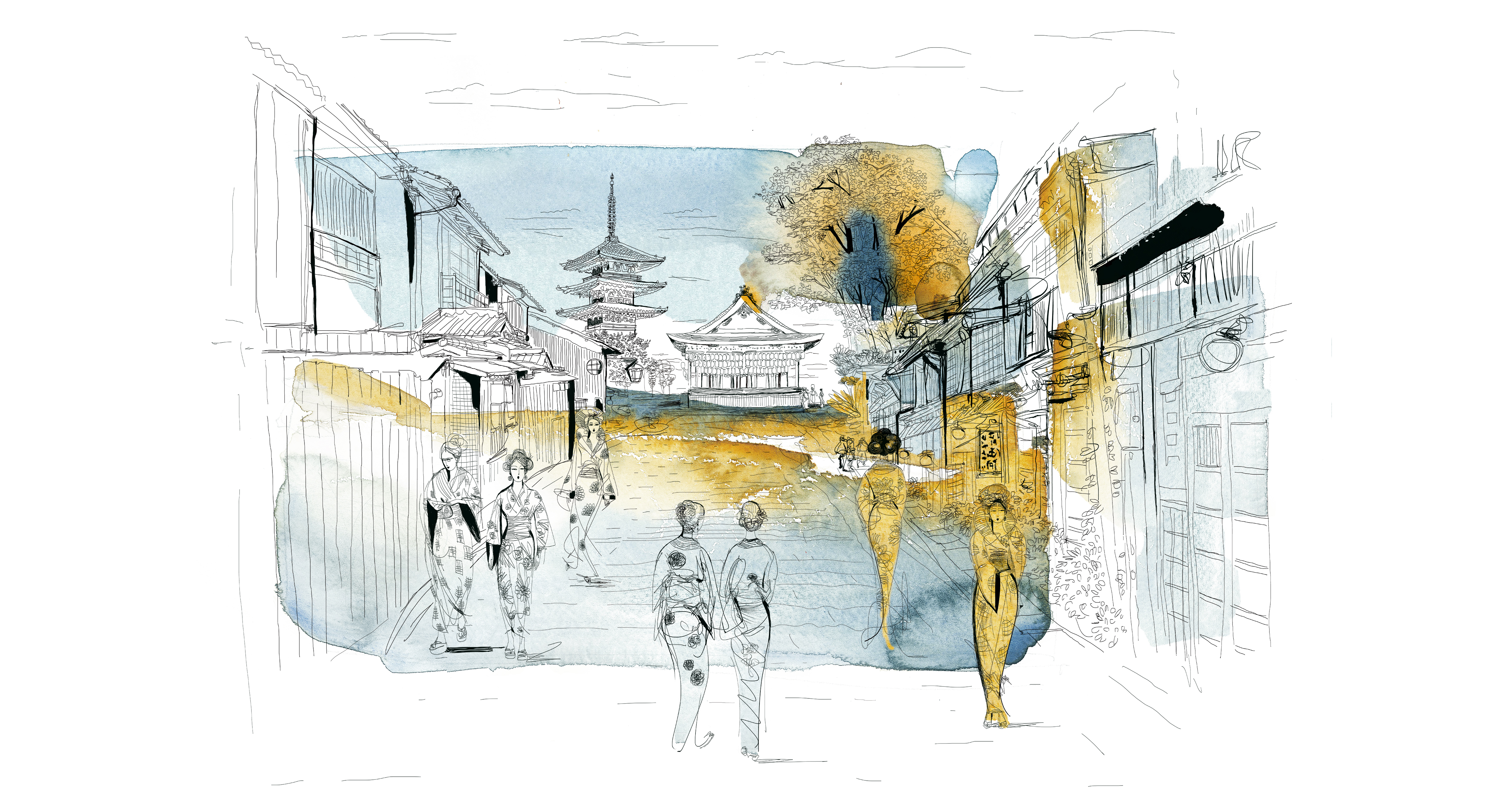 Watercolor illustration, Japan and Tokyo, fashion, Japan, city and people