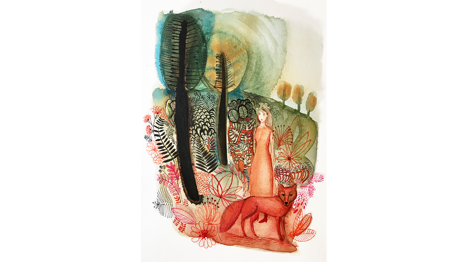 Watercolor and ink, children, nature, concept, illustration