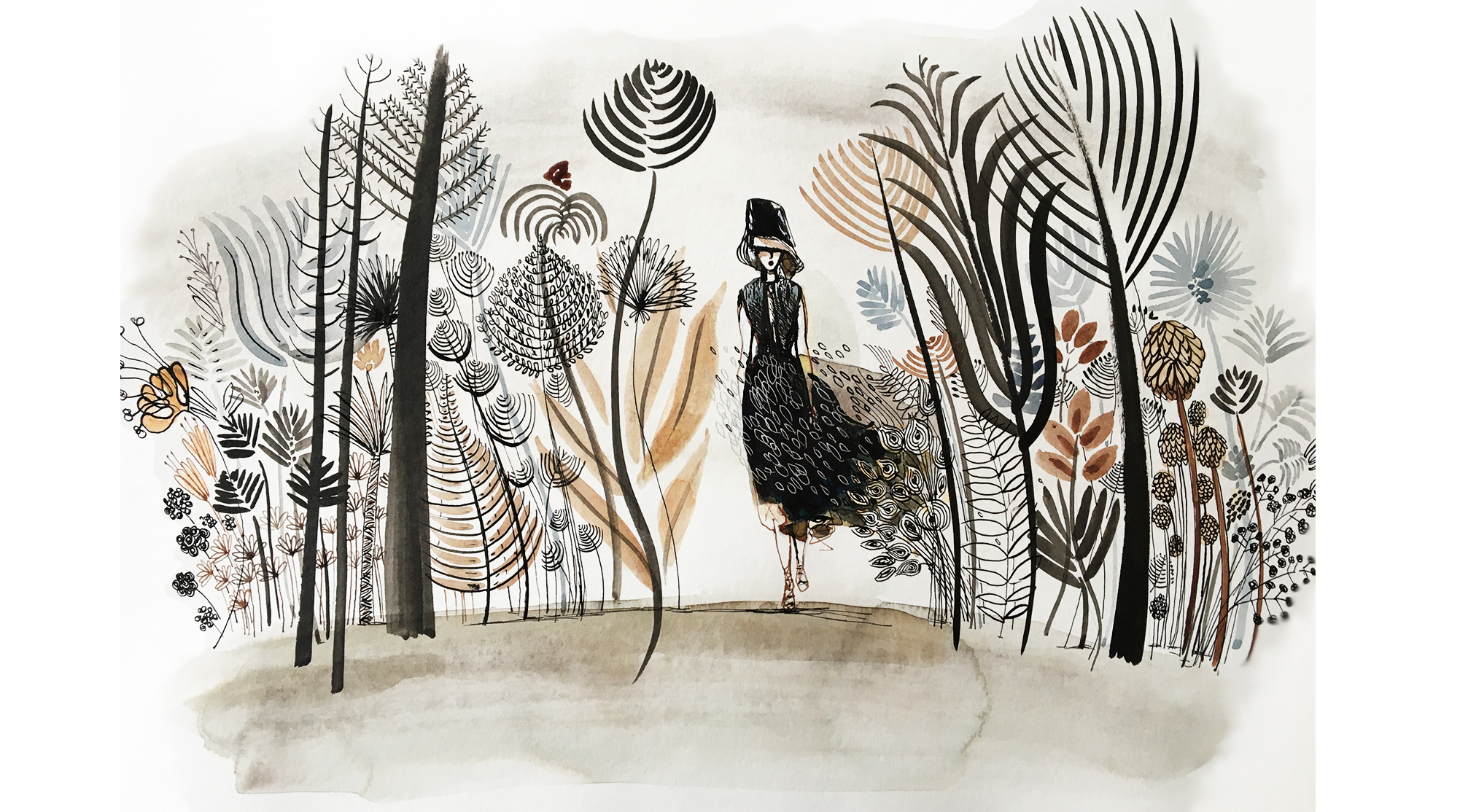 Watercolor and ink,  fashion nature, illustration