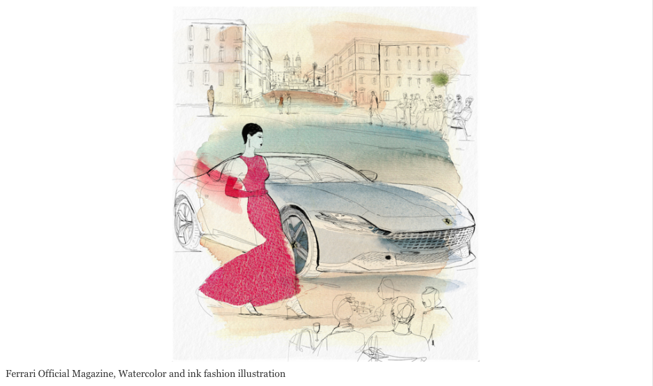 Watercolor fashion illustration, Ferrari