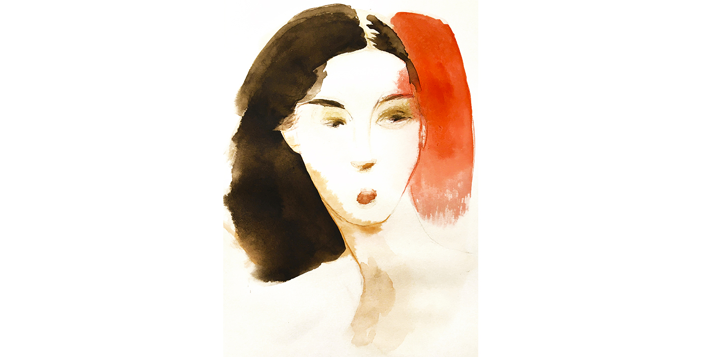 Watercolor fashion ink illustration, portrait of woman