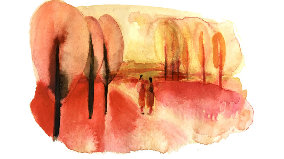 Watercolor fashion ink illustration, women and landscape, Alessandra Scandella