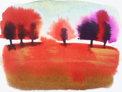 Watercolor ink illustration, landscape and trees