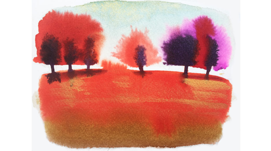 Watercolor ink illustration, landscape and trees