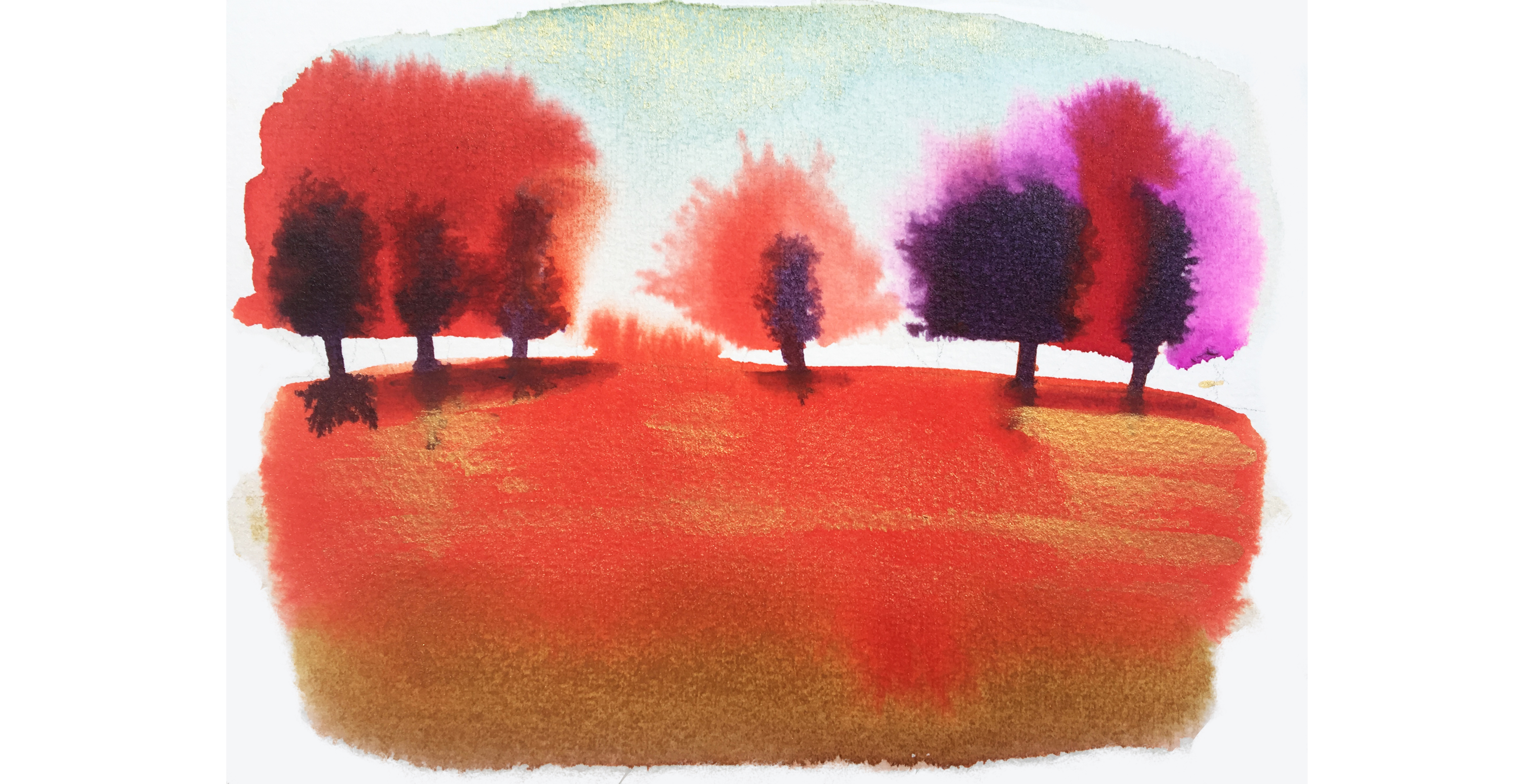 Watercolor ink illustration, landscape and trees