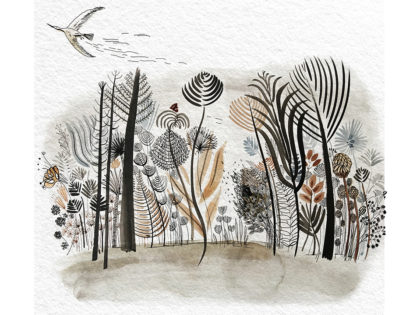 Watercolor ink illustration, nature, trees and flowers, Alessandra Scandella