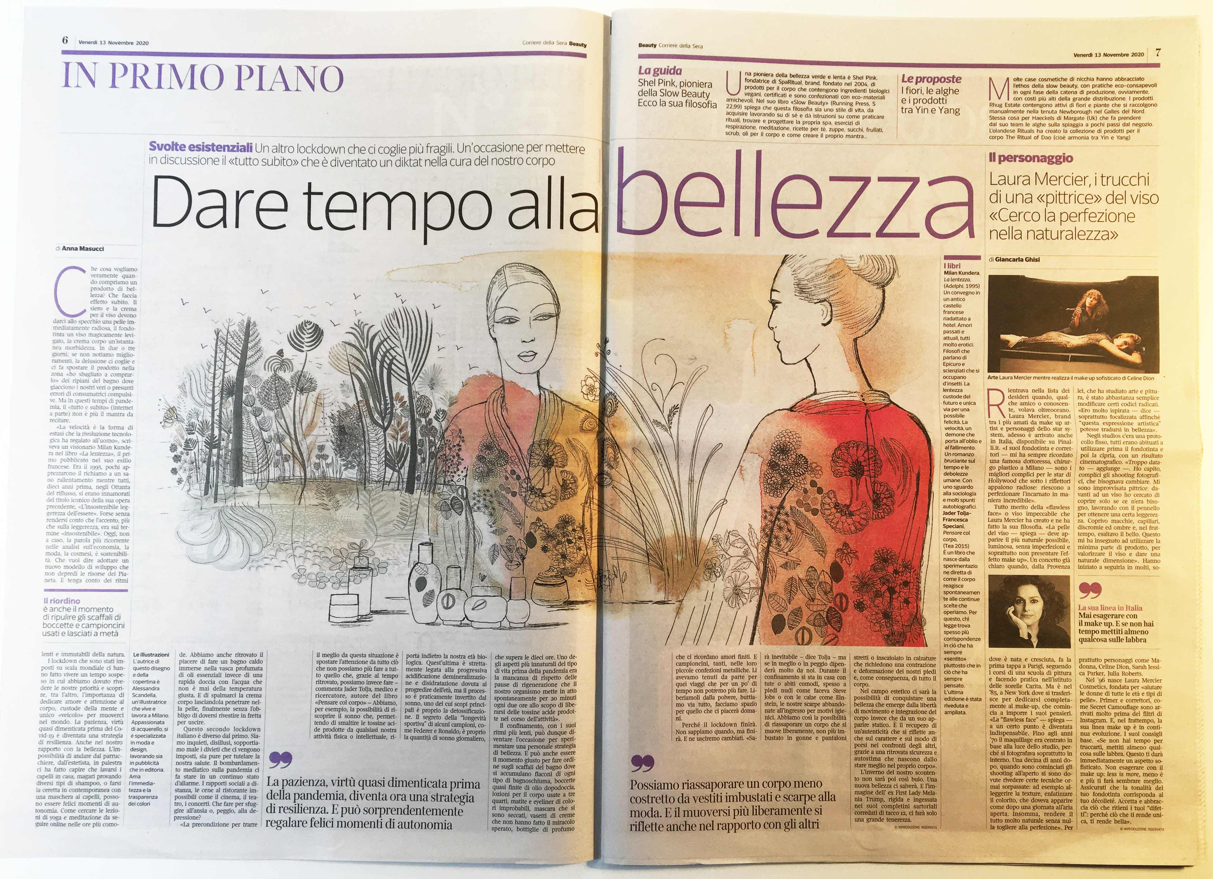 Watercolor ink fashion and beauty illustration for Corriere della Sera