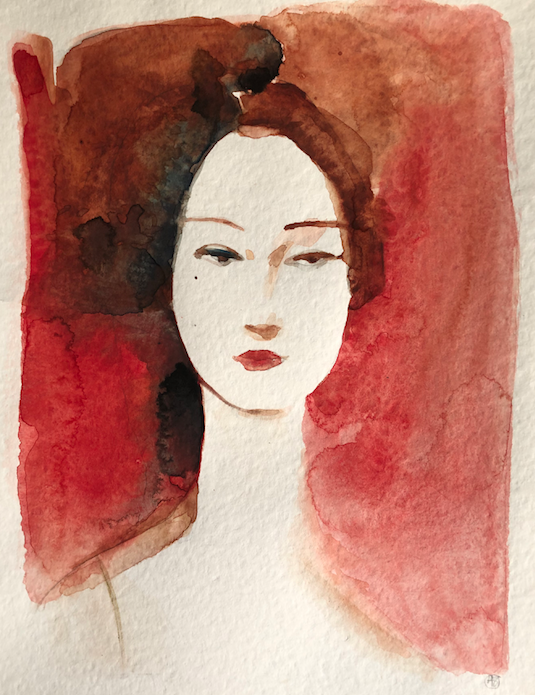 Watercolor and ink illustration, portrait, Alessandra Scandella