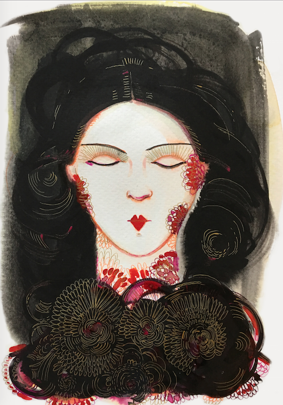 Watercolor and ink illustration, portrait, japan, Alessandra Scandella