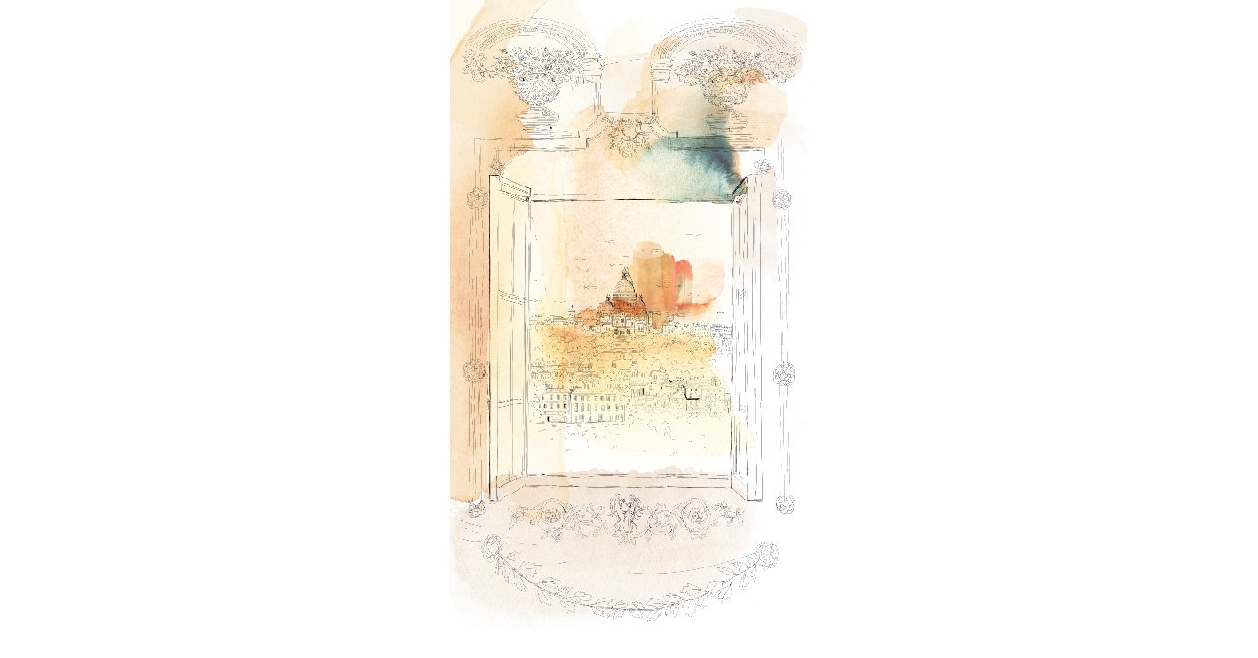 Watercolor illustration wallpaper, Serrado design, window and landscape, city