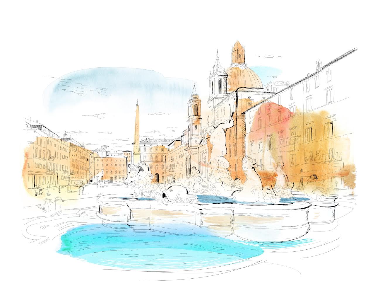 Illustrazione ad acquerello Piazza Navona, Roma