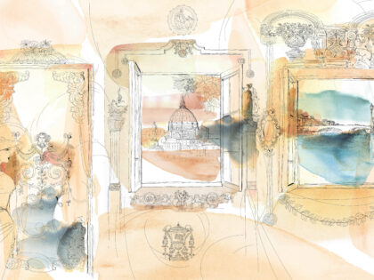 Illustrazione wallpaper, design, palace and city- Alessandra Scandella illustration