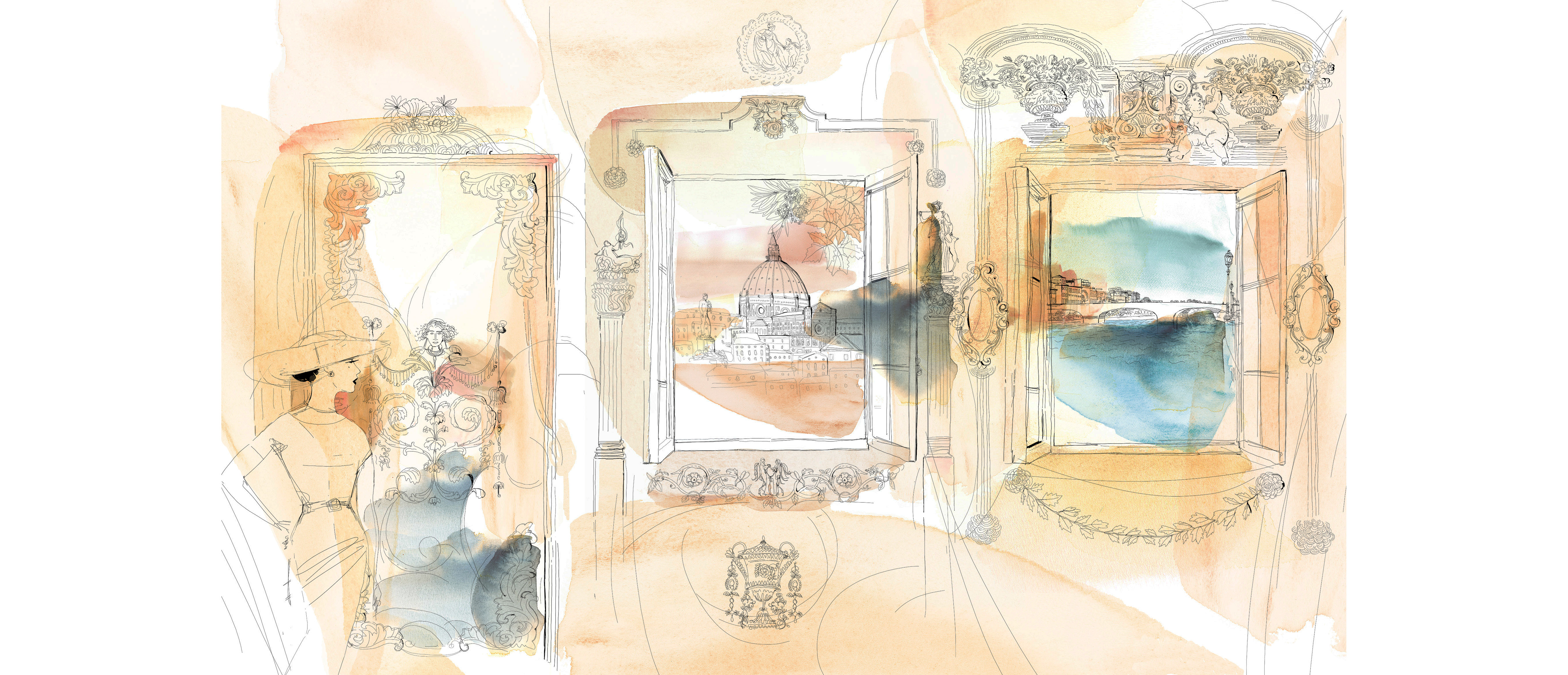 Illustration watercolor wallpaper, design, palace and city