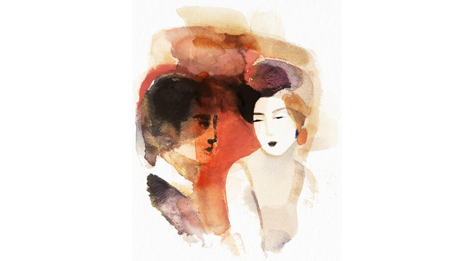 Watercolor ink illustration, lovers, portrait, Japan, Alessandra Scandella