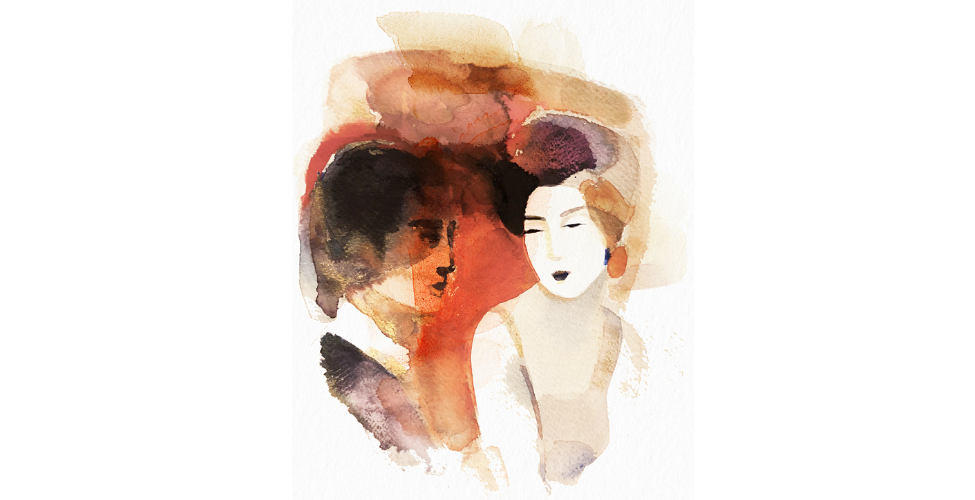 Watercolor ink illustration, lovers, portrait, Japan