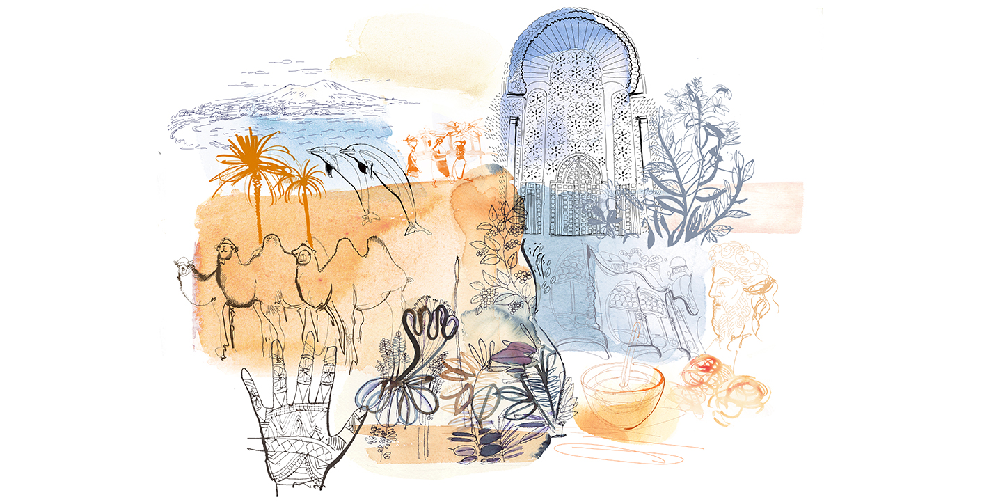 Watercolor ink illustration sketchbook, travel, Mediterraneo