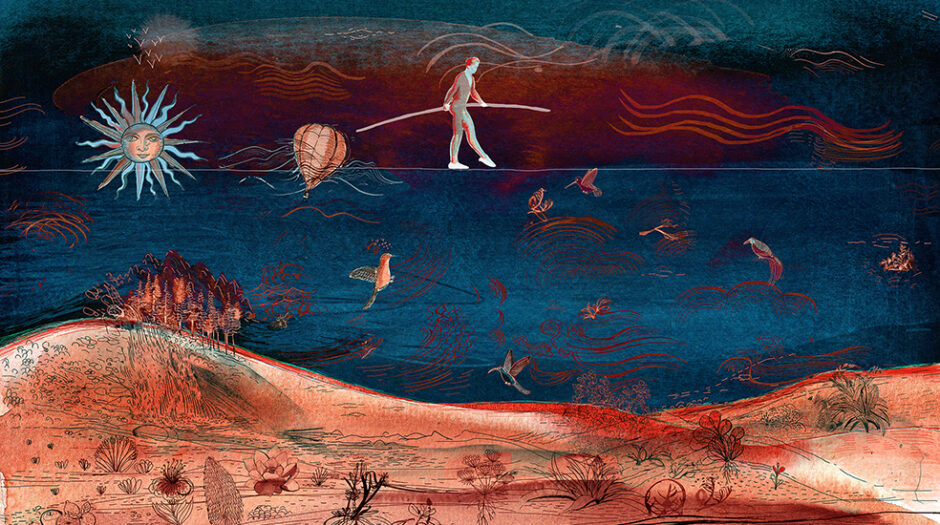 Watercolor animation, nature and tightrope, Alessandra Scandella